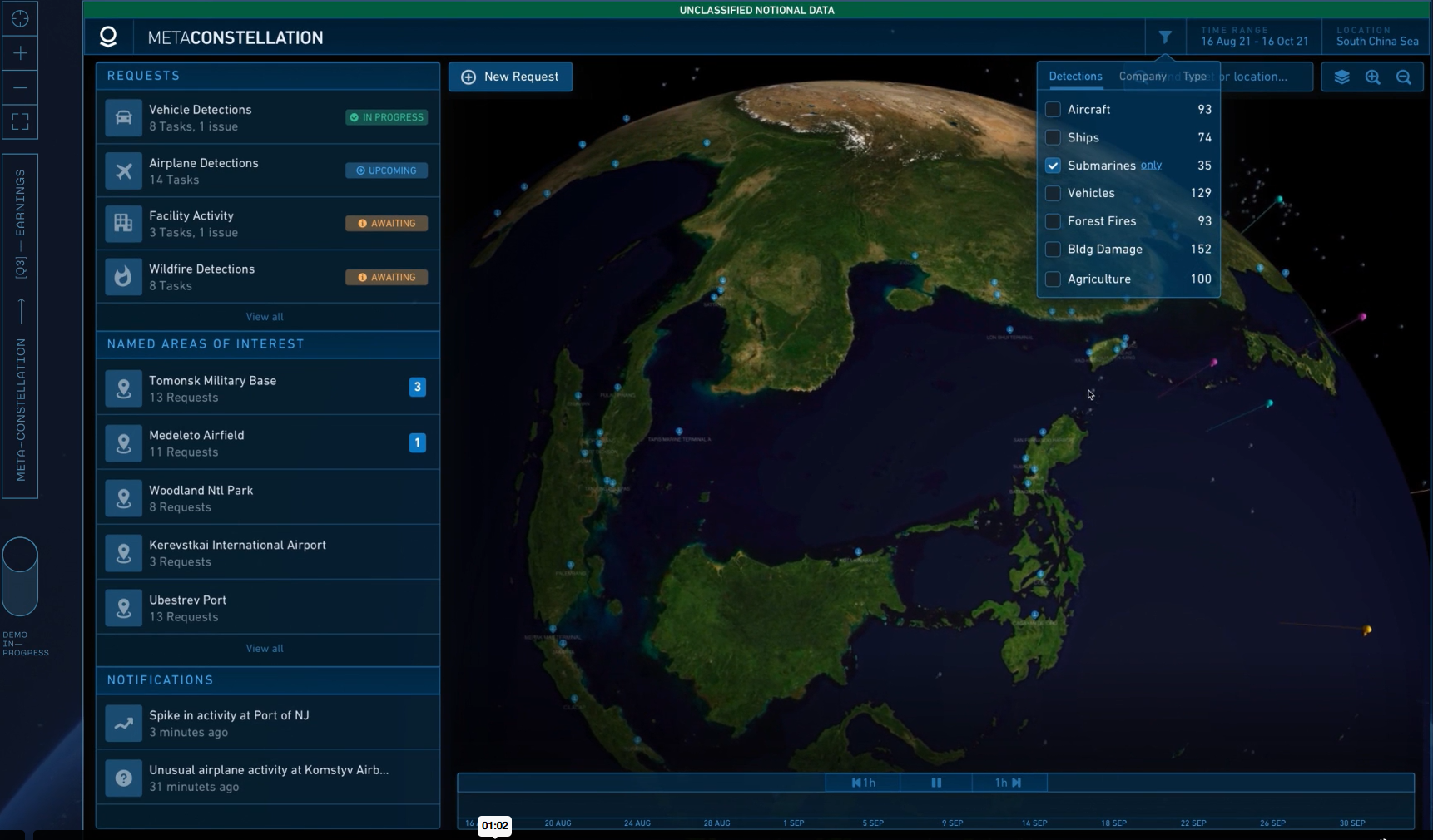 MetaConstellation dashboard — detections across the South China Sea